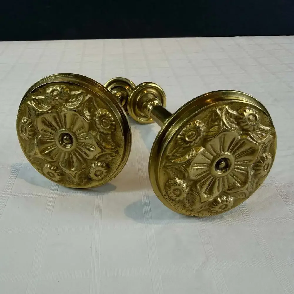 Pair of Vintage Brass Curtain Drapery Round Ornate Floral Tie Backs